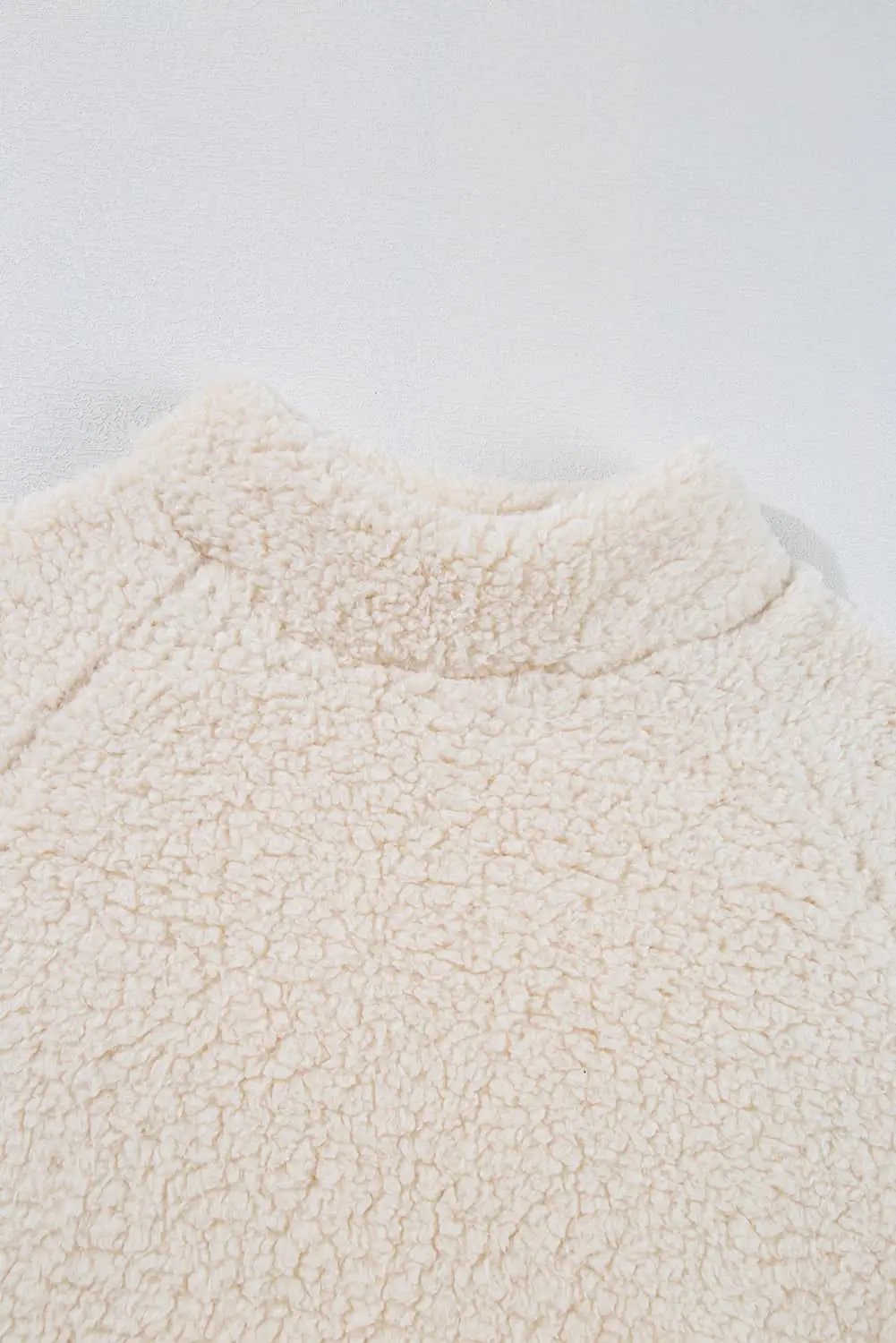 White Solid Fleece High Neck Drop Shoulder Pullover Sweatshirt - Love Salve